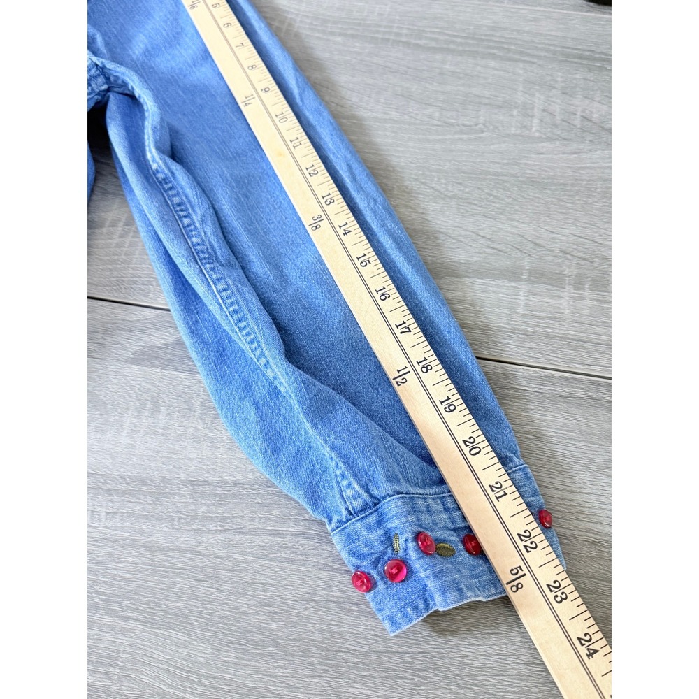 Denim Button Down Fall Autumn vtg Plus Size 1X Blue Cotton Embroidered Apples - Picture 8 of 10